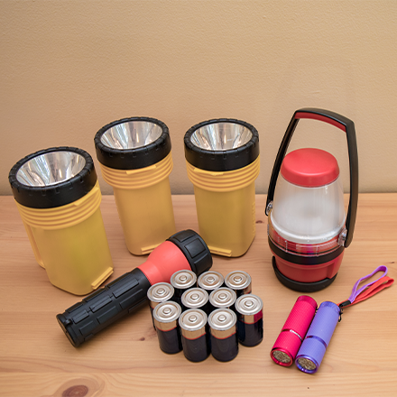 lights and batteries on a table