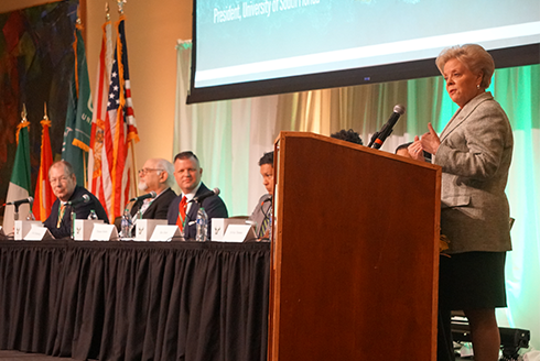 USF President Rhea Law, speaks with a panel of international business specialists at the International Business Forum held at USF