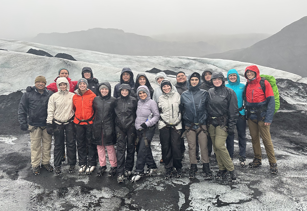 group shot of USF student abroad students in snowy Iceland
