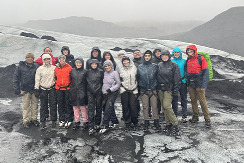 group shot of USF student abroad students in snowy Iceland