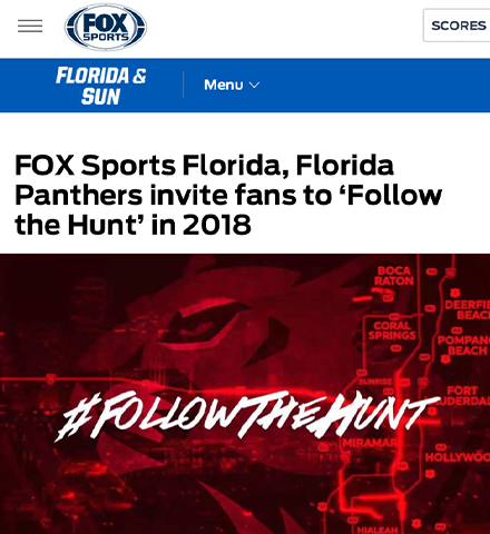 A screenshot of the Fox Sports page article that says, "FOX Sports Florida, Florida Panthers invite fants to 'Follow the Hund' in 2018"
