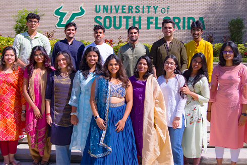 Group shot of all of the Officer Bearers of the Students of India Association stating in front of the University of South Florida