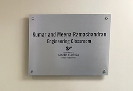 picture of door plaque for ENC 1002 - the Kumar and Meena Ramachandran Engineering Classroom