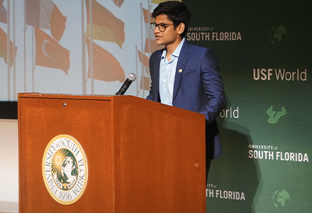 USF Student Body Vice President Sumit Subhash Jadhav speaks at the international sash ceremony