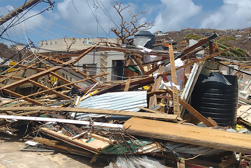 Devastation rubble from hurricane Beryl at Union Island in the Caribbean