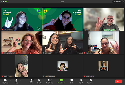 screenshot of 9 members of USF Network Brazil meeting virtually through Teams on their computers