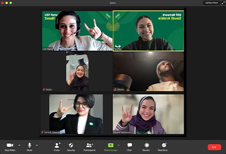 Screenshot of 6 members of USF Network Saudi Arabiameeting virtually through Teams on their computers