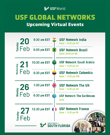 green and white calendar of Feb 2024 global network virtual meeting dates and times