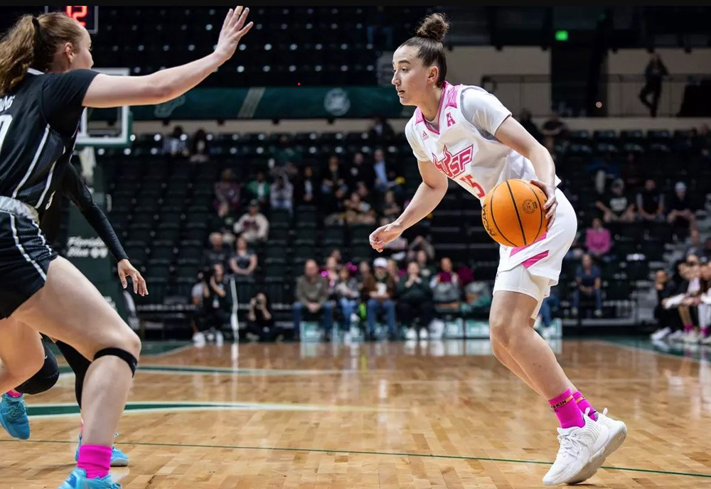 Action shot of USF women's basketball player, Carla Brito, dribbling past an opposing player during a game