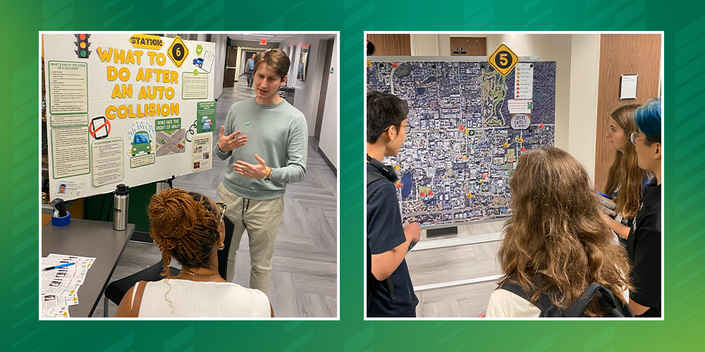 collage of students in front of poster boards about traffic safety