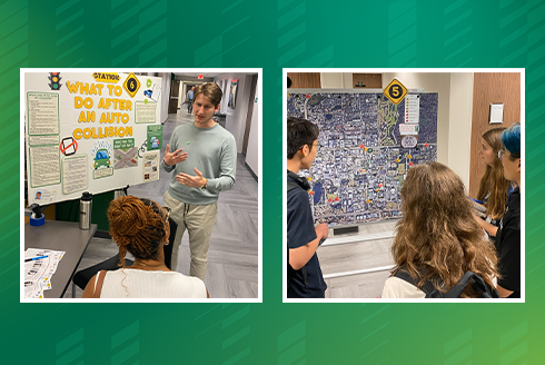 collage of students in front of poster boards about traffic safety