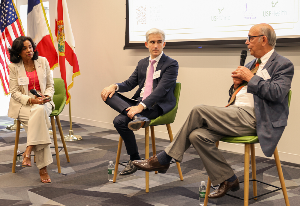 Betty Cappa, President of the French-American Business Council of West Florida, led the panel featuring French Consul General in Miami Raphaël Trapp (center) and 15th Street Farm founder Emmanuel Roux.