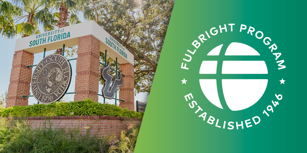 Gradient green background with fulbright logo with globe and text that says "Fulbright Program Established 1948"