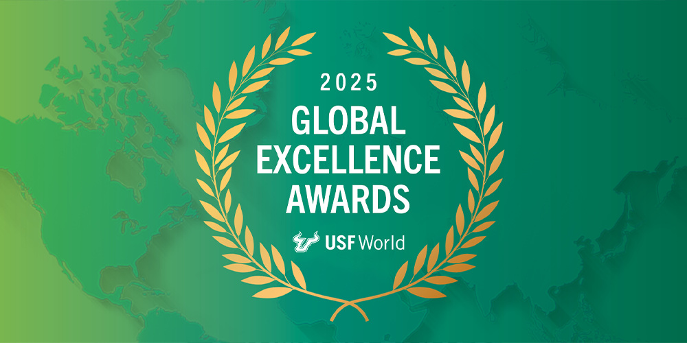 "Global Excellence Awards" and USF World logo on a green background with a globe illustration