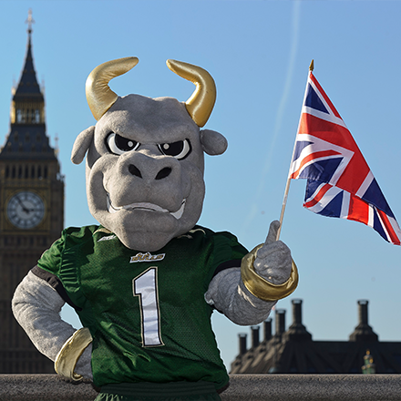 Rocky the Bull holding a british flag