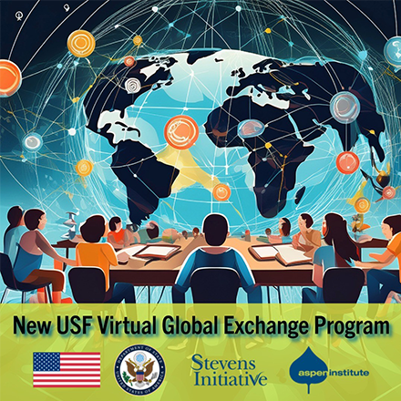 "New USF Virtual Global Exchange Program" words on a banner over an illustration of people at a desk with a world surrounded by lines and colorful dots