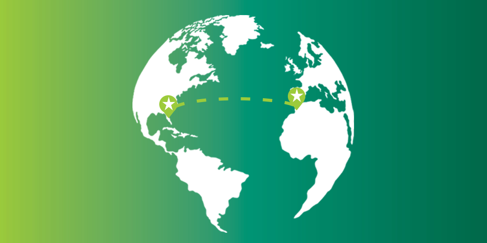 white world illustration with location pins on florida traveling to the northern tip of Africa