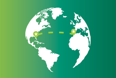 white world illustration with location pins on florida traveling to the northern tip of Africa