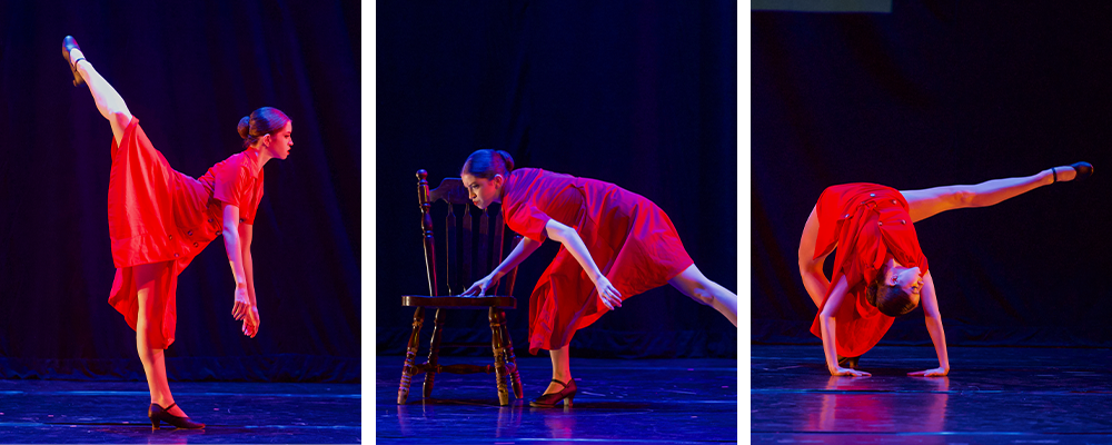Collage of three photos of Chersia dancing in a red dress