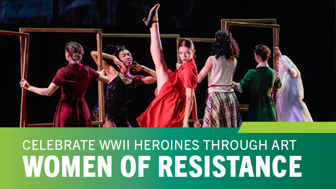 Person in red dress dances with leg in air at front of a group of dancers holding up picture frames