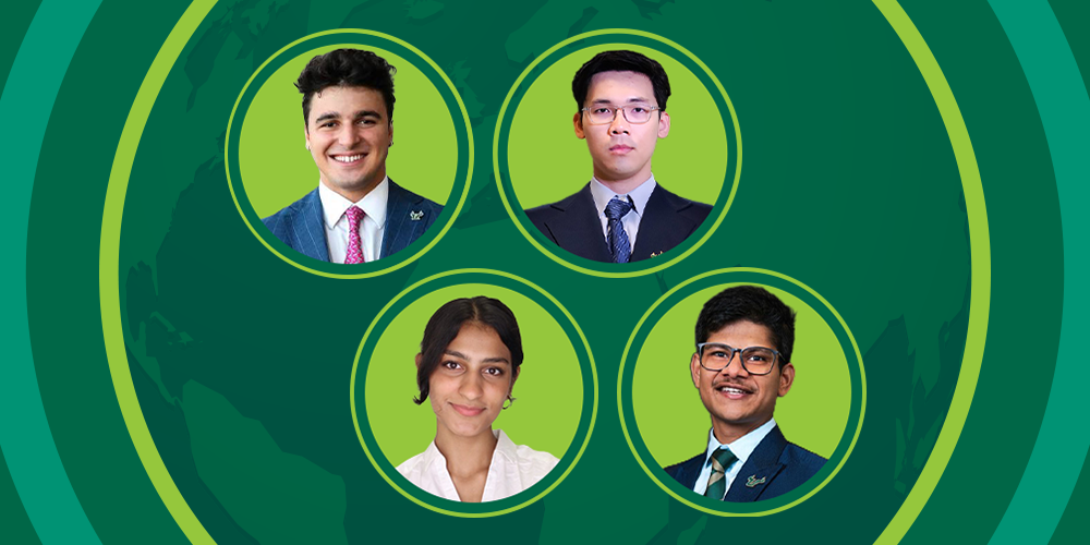 headshots of four people in circles with the background of a green world