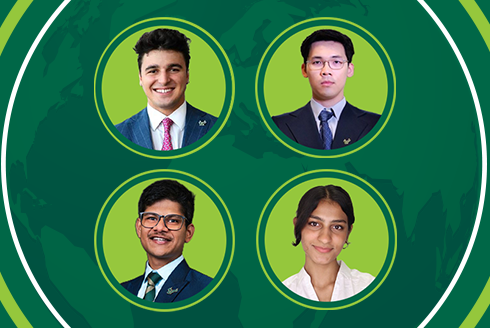headshots of four people in circles with the background of a green world