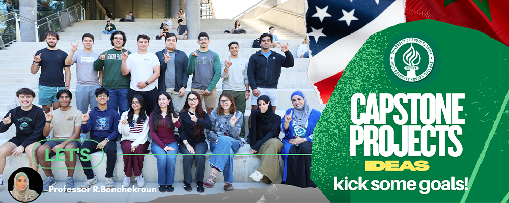 Group of people with two flags on the right and text that says "Capstone Projects Ideas: Kick some goals!"