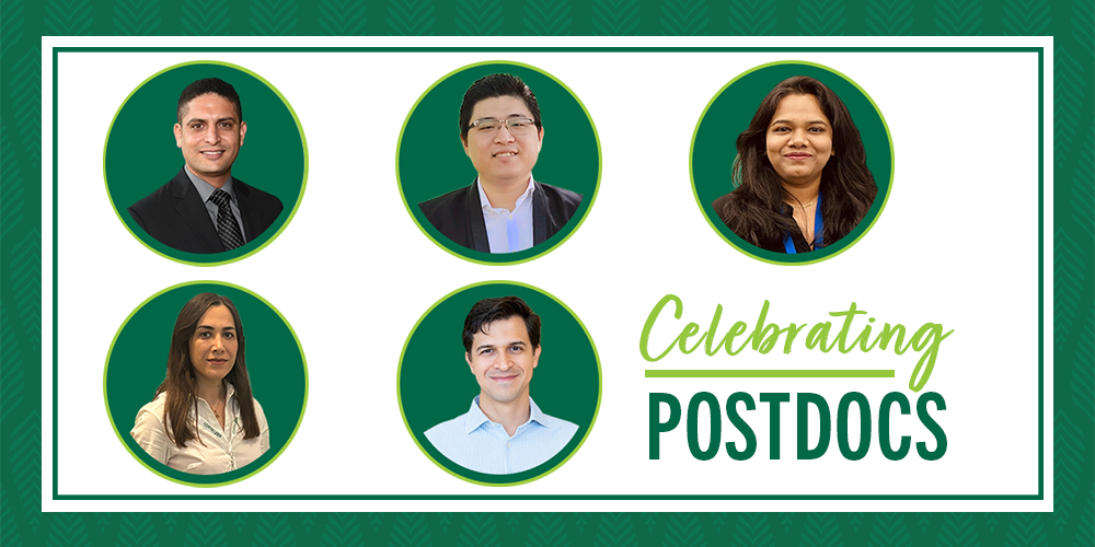 "Postdoc spotlight" in green text next to five headshots of postdocs framed by green circles