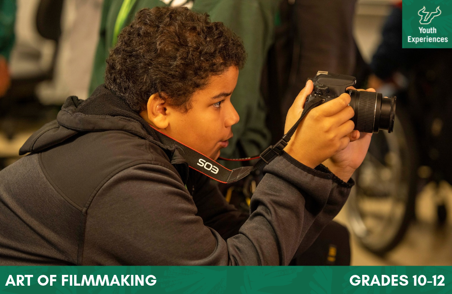 USF Art of Filmmaking with text stating "USF Art of FIlmmaking Grades 10-12"
