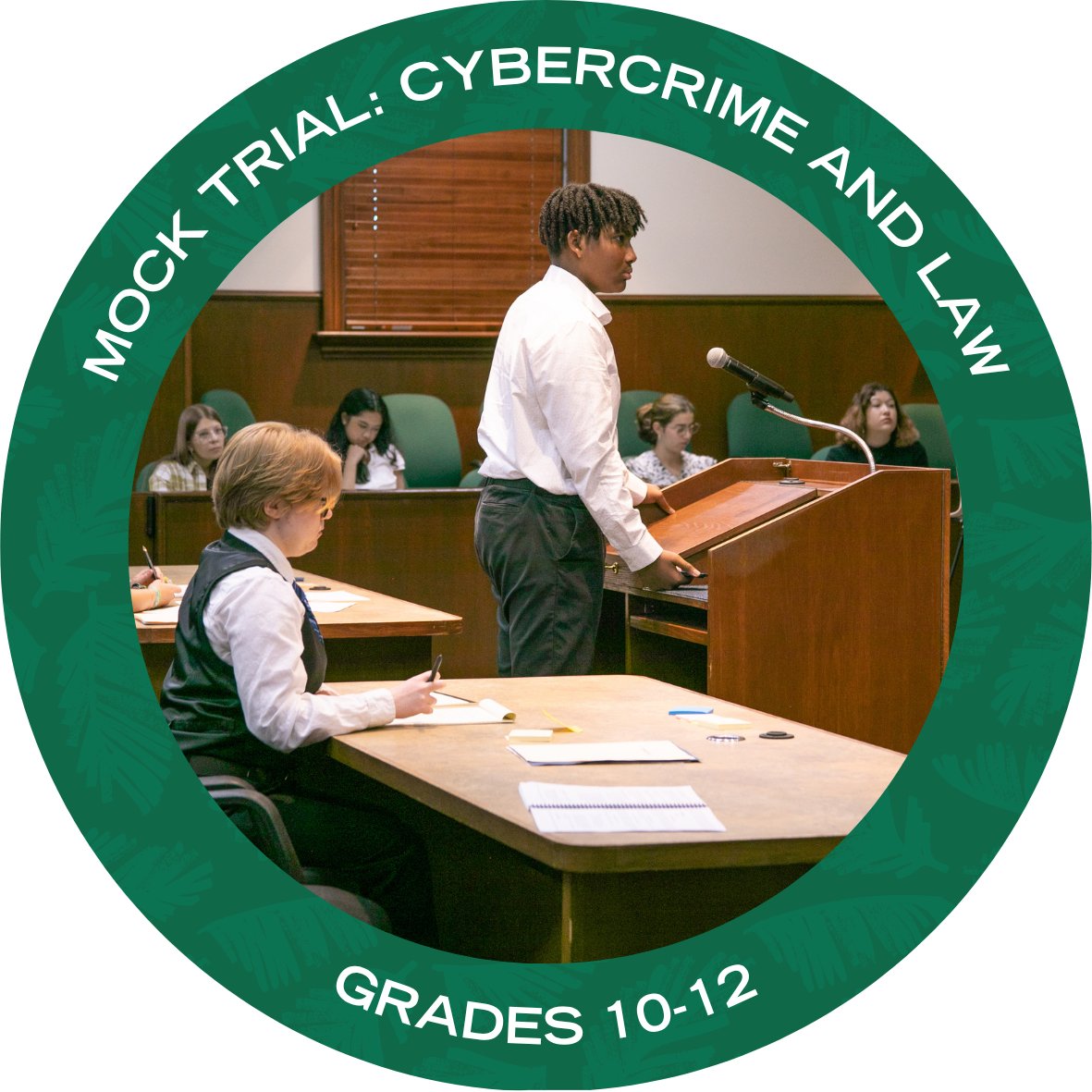 USF Mock Trial: Cybercrime and Law with text stating "USF Mock Trial CyberCrime and Law Grades 10-12"