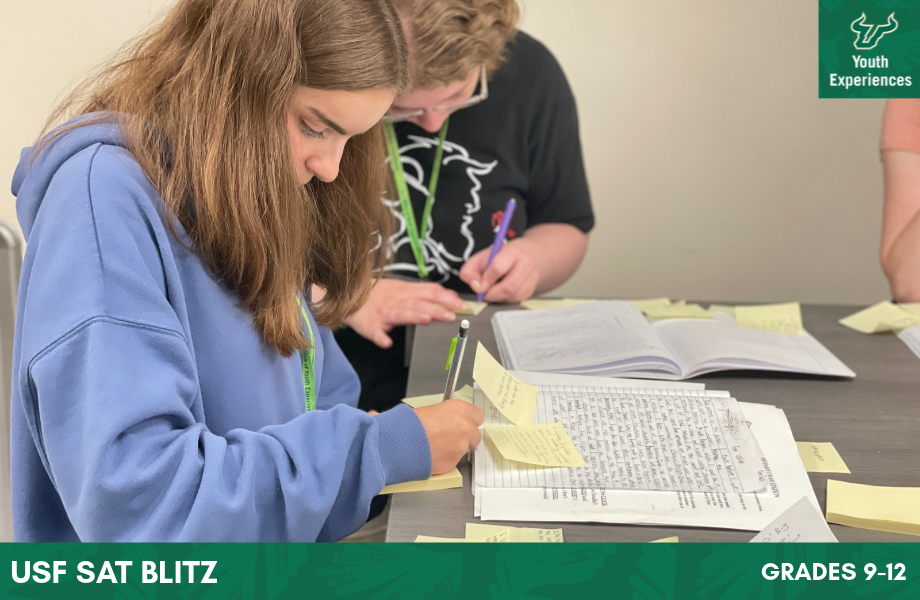 USF SAT Blitz with text stating "USF SAT Blitz Grades 9-12"
